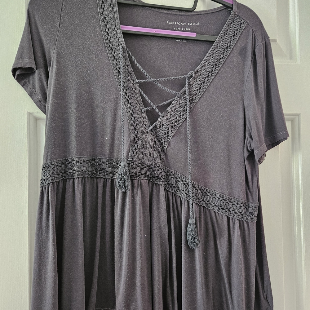 American Eagle Outfitters Charcoal Lace-Up Blouse